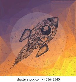 Hand drawn illustration of a space ship. Geometric low poly design with engraved elements. Sketch isolated on vintage background in retro style. Space rocket launch. Concept for start up, release etc.