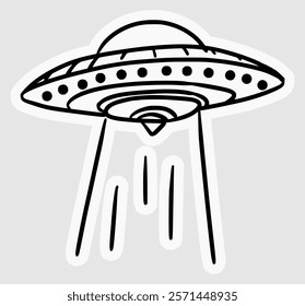 hand drawn illustration of a space UFO ship in black and white line style