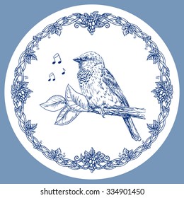 Hand drawn illustration with sparrow bird and round decorative floral frame with grapes