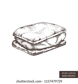 Hand drawn illustration of sporcamuss - Puff Pastry Square. Vector drawing of italian desserts on white background. Vintage food sketch for cafe or restaurant menu design.