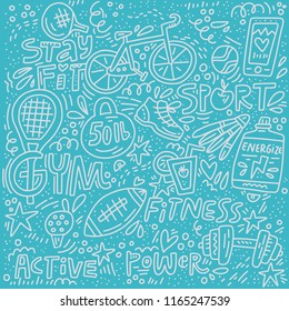 Hand drawn illustration with sport and fitness symbols made in doodle style. Cute cartoon active symbols.