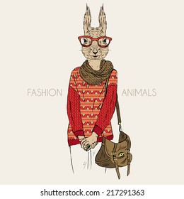 Hand drawn illustration of squirrel hipster dressed up in jacquard pullover