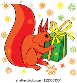 Hand drawn illustration of a squirrel on a background with snowflakes, greetings card for Christmas