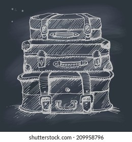 Hand drawn illustration of a stack of suitcases on blackboard. EPS 10. No transparency. No gradients.