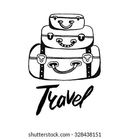 Hand drawn illustration of a stack of suitcases. Brush lettering. Travel