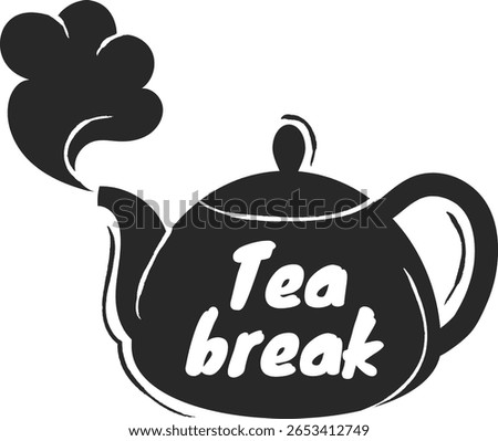 Hand drawn illustration of a steaming teapot with the words Tea Break written on it, perfect for cafe menus, tea related designs, or promoting relaxation