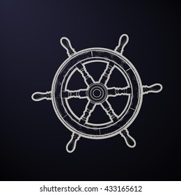 Hand drawn illustration of an steering wheel. Vintage background with engraving elements at sea. Vector illustration.