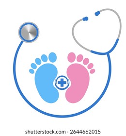Hand drawn illustration of stethoscope with footprints of newborn baby on white background