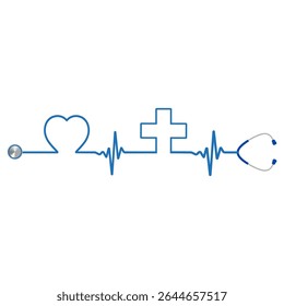 Hand drawn illustration of stethoscope with heartbeat and heart with medical cross on white background