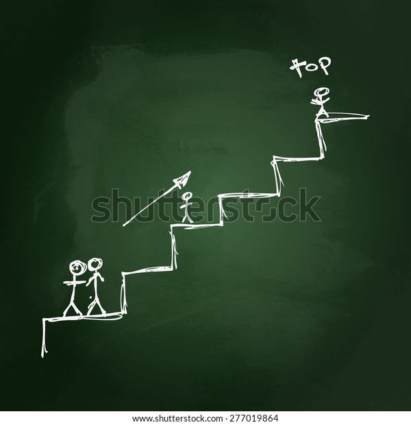 Hand\
drawn illustration of stick men climbing\
stairs