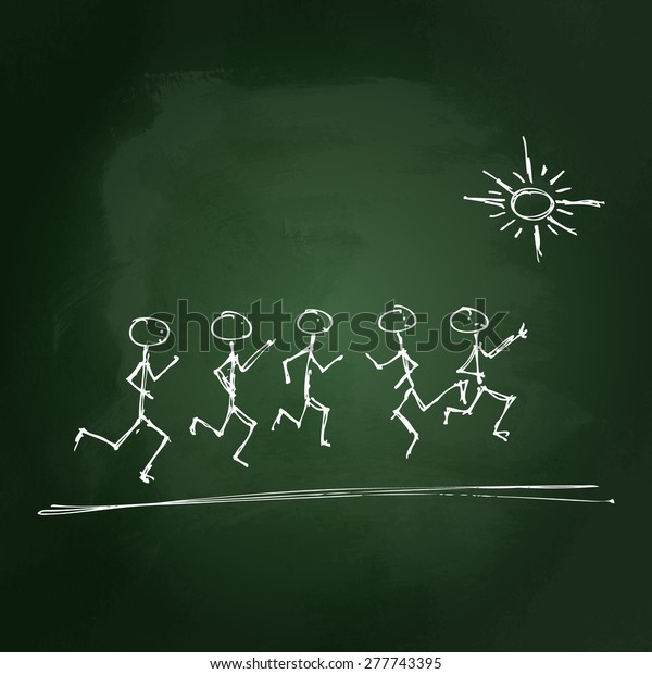 Hand\
drawn illustration of stick men playing in the\
sun