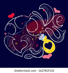 Hand drawn illustration sticker 14 February. Valentine day vector illustration poster. Phone case, laptop case, clothes prints, gifts. Chalk lettering calligraphy. I love yoy ring on dark blue indigo