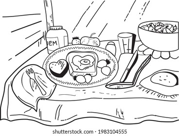 hand drawn illustration of a still life, vector illustration still life with food, breakfast on the table