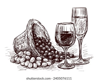Hand drawn illustration of still life with ripe grape bunches in basket and two wine glasses with wine