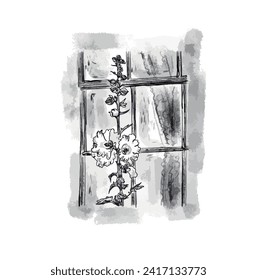 hand drawn illustration still life window and flower