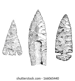 Hand Drawn Illustration Of Stone Age Arrow Heads And Spear Points