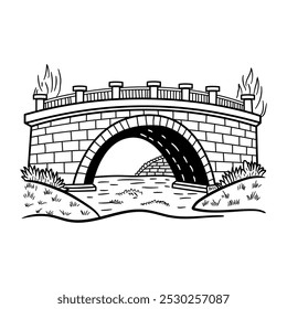 Hand drawn illustration of a stone bridge with water flowing underneath