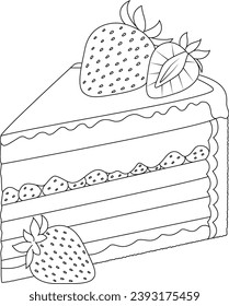 Hand drawn illustration of strawberry cake coloring page for kids and adults. Food and drink colouring book