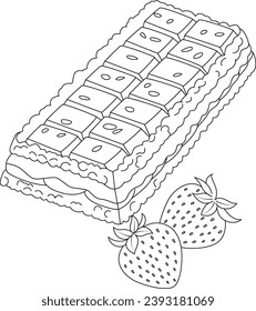 Hand drawn illustration of strawberry energy bar coloring page for kids and adults. Food and drink colouring book