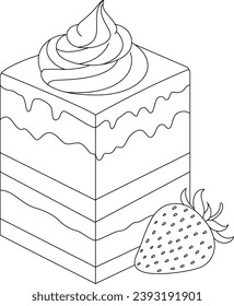 Hand drawn illustration of strawberry fudge coloring page for kids and adults. Food and drink colouring book