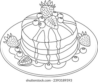 Hand drawn illustration of strawberry pancake coloring page for kids and adults. Food and drink colouring book