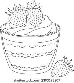 Hand drawn illustration of strawberry pudding coloring page for kids and adults. Food and drink colouring book