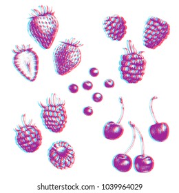 Hand Drawn Illustration Of Strawberry, Raspberry, Blackberry, Blueberry And Cherry Isolated On White Background. Vector Engraving Fruit Sketch. Anaglyph 3d Stereo Effect.