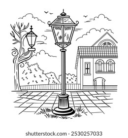 Hand drawn illustration of a streetlamp in front of a house with trees