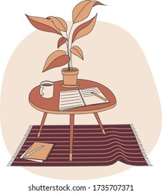 A hand drawn illustration of a studying place at home. Coffee table with a mug, plant and some notebooks lying around, standing on a small carpet. Cozy autumn colors. Vector flat style illustration