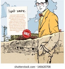 Hand drawn illustration of stylish guy in sketch style on the torn paper. Vector