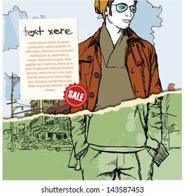 Hand drawn illustration of stylish guy in sketch style on the torn paper. Vector