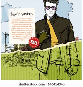 Hand drawn illustration of stylish guy in sketch style on the torn paper. Vector