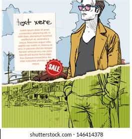 Hand drawn illustration of stylish guy in sketch style on the torn paper. Vector