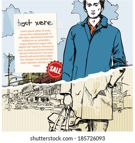 Hand drawn illustration of stylish guy in sketch style on the torn paper. Vector