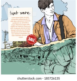 Hand drawn illustration of stylish guy in sketch style on the torn paper. Vector