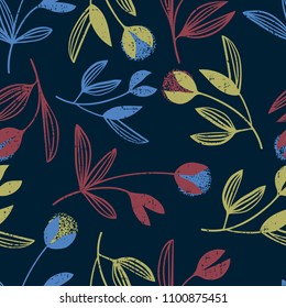 Hand drawn illustration of stylized branch. Abstract graphic plant on dark background. Seamless pattern for fabric and decor.