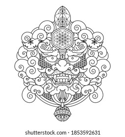 A hand drawn illustration of a stylized foo dog head with sacred geometry elements. 