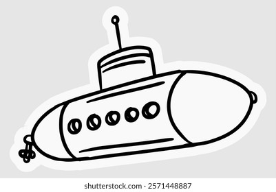 hand drawn illustration of a submarine with antenna in black and white line style