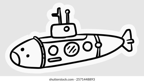 hand drawn illustration of a submarine with antenna in black and white line style