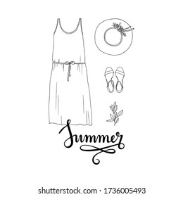 Hand drawn Illustration of summer outfit and lettering "Summer".Vector doodle line graphic.