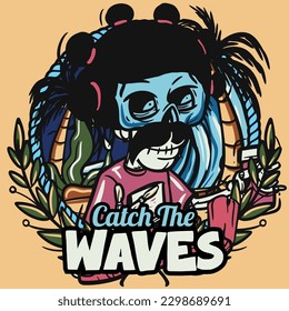 hand drawn illustration of Summer skull in a beach. vector for t-shirt and sticker design with fun holiday vibes.