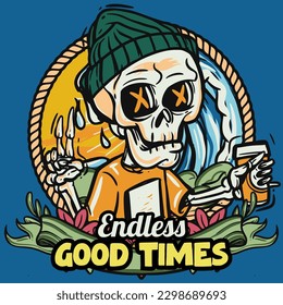 hand drawn illustration of Summer skull in a beach. vector for t-shirt and sticker design with fun holiday vibes.