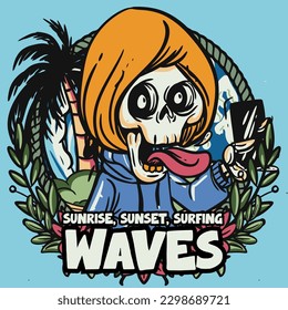 hand drawn illustration of Summer skull in a beach. vector for t-shirt and sticker design with fun holiday vibes.