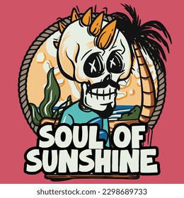 hand drawn illustration of Summer skull in a beach. vector for t-shirt and sticker design with fun holiday vibes.