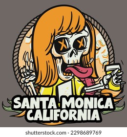 hand drawn illustration of Summer skull in a beach. vector for t-shirt and sticker design with fun holiday vibes.