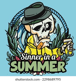 hand drawn illustration of Summer skull in a beach. vector for t-shirt and sticker design with fun holiday vibes.