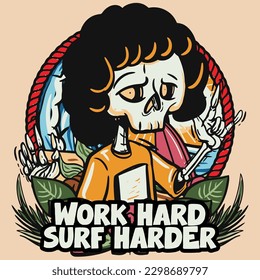 hand drawn illustration of Summer skull in a beach. vector for t-shirt and sticker design with fun holiday vibes.