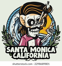 hand drawn illustration of Summer skull in a beach. vector for t-shirt and sticker design with fun holiday vibes.