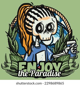 hand drawn illustration of Summer skull in a beach. vector for t-shirt and sticker design with fun holiday vibes.