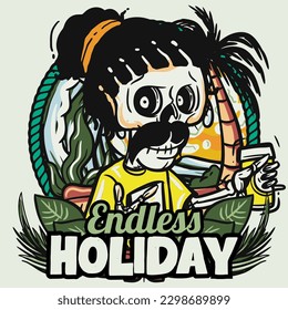 hand drawn illustration of Summer skull in a beach. vector for t-shirt and sticker design with fun holiday vibes.